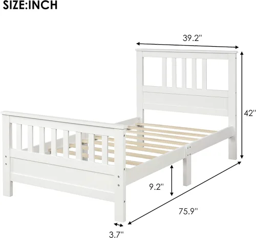 Vista 2 de Base de cama de madera individual de 400 libras, resistente, plataforma de madera dura con cabecero de listones, no necesita somier