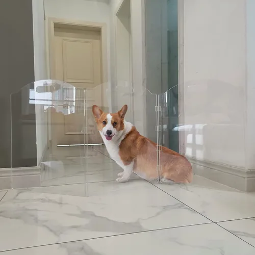 Vista 4 de Puertas independientes de acrílico transparente para perros para la casa, puertas plegables de 3 paneles para mascotas, para puertas, escaleras