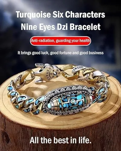 Vista 3 de UBALDI Turquesa Seis caracteres Mantra Nueve Ojos Dzi Bead Bracelet, Pulsera de cuentas de mantra de seis caracteres, Transferencia