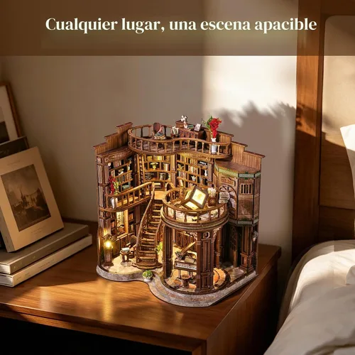 Vista 4 de Kit de rincón de libros, rompecabezas de madera 3D en miniatura, sujetalibros con luz LED, decoración de estantería de flor de cerezo para libros