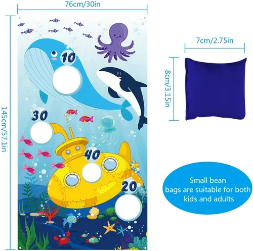 Vista 2 de Blulu Cartel de juegos de lanzamiento de animales del océano con 4 bolsas de frijoles, juego de lanzamiento, para interiores y exteriores, delfín