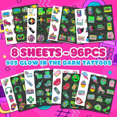 Vista 2 de 96 tatuajes temporales luminosos precortados de regreso a los años 90 y 80 que brillan For Kids Theme Birthday Party Decorations Supplies Favors