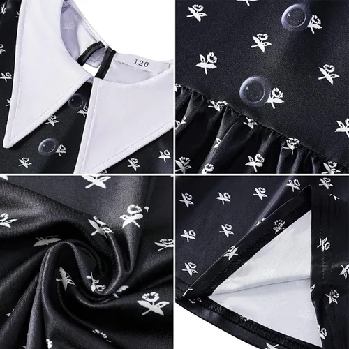 Vista 5 de Luzlen Wednesday Addams - Disfraz para niñas con peluca y calcetines para niños, vestido familiar Addams, disfraz de Halloween y cosplay, trajes