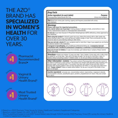 Vista 3 de AZO Alivio del Dolor Urinario de Máxima Fuerza, Alivio rápido del dolor UTI, ardor y urgencia, ataca la fuente del dolor, la marca más confiable #1