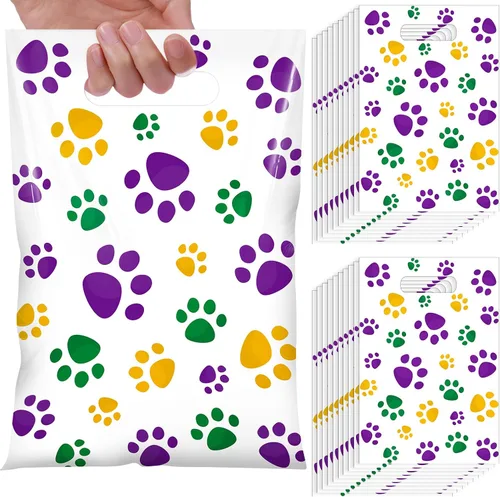 Vista 22 de Pasimy 100 bolsas de regalo de pata de perro a granel, diseño de pata de mascota, bolsas de plástico con asa para decoración de fiesta de cumpleaños