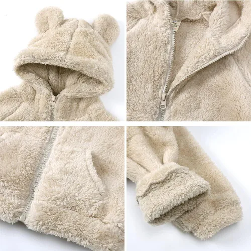 Vista 5 de Chaqueta de abrigo con capucha con forro polar, para recién nacidos, bebés, niños y niñas, diseño de dibujos animados, con orejas, abrigo cálido