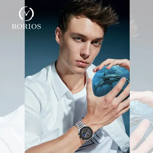 Vista 2 de RORIOS Elegante reloj de pulsera analógico de cuarzo con correa de acero inoxidable, cronógrafo multifunción para hombre