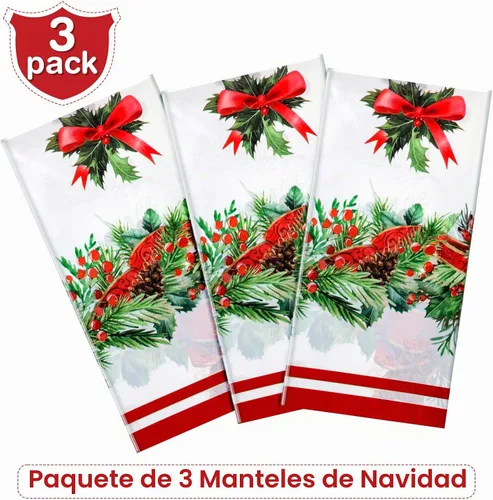 Vista 4 de Tiamon Manteles de plástico de 3 piezas, impermeables, desechables, rectangulares, fundas de mesa de Navidad para suministros de fiesta de Navidad