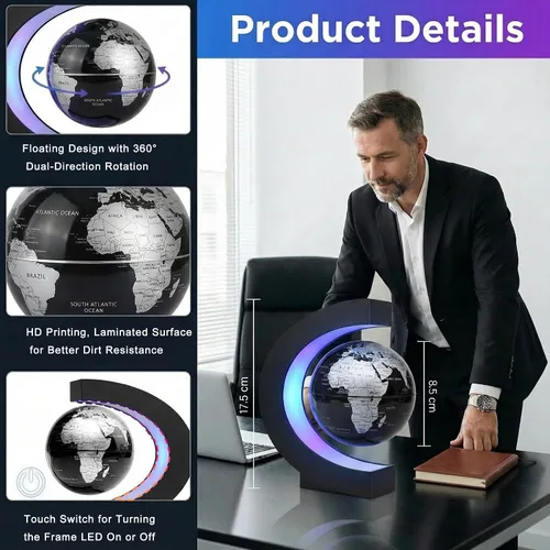 Vista 2 de Magnetic Levitation Floating Rotating World Globe with LED Frame Lights, C Shape Levitating Globe, Touch Switch Night Light, Cool Tech Gifts for Men