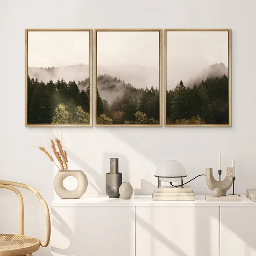 Vista 450 de SIGNWIN Lienzo enmarcado para pared, juego de arte pastel con cadena montañosa, bosque, niebla, naturaleza silvestre, ilustraciones modernas, arte