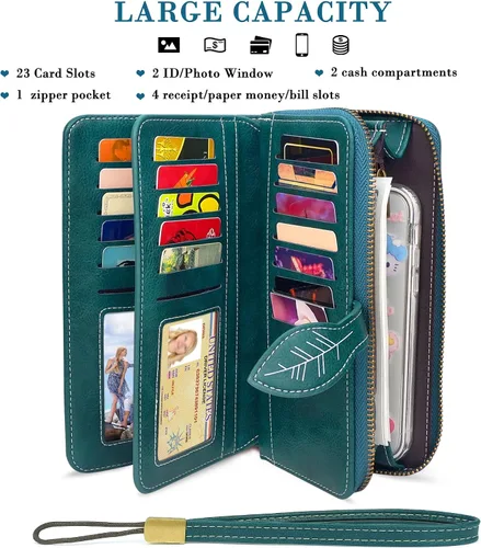 Vista 2 de CONISY Cartera RFID para mujer, de gran capacidad, cartera larga de cuero para tarjetas de crédito con correa de muñeca