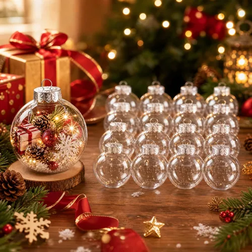 Vista 5 de 80 piezas de bolas de Navidad transparentes colgantes en masa, adornos de plástico rellenables transparentes para manualidades, DIY, con parte