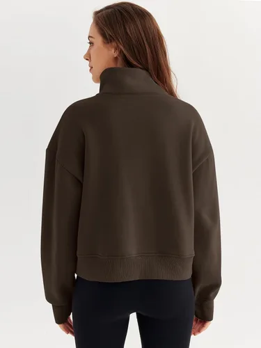 Vista 3 de Trendy Queen Sudaderas con media cremallera, sudaderas recortadas de gran tamaño para mujer de manga larga, Café