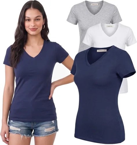 Vista 109 de Emmalise Camiseta de manga corta para mujer, cuello en V, tallas junior y plus