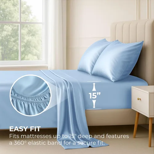 Vista 3 de Pure Bedding Sábanas de satén de lujo para cama individual de hotel, juego de sábanas de microfibra extra suave de 1800, resistente a las arrugas, a