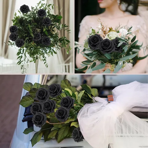 Vista 6 de 25 rosas realistas negras, flores artificiales de espuma de látex con tallos flexibles y 8 hojas para decoración de bodas, hogar y fiestas Negro