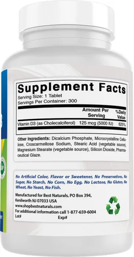 Vista 6 de Best Naturals Vitamina D3 – 300 tabletas – Hecho en Estados Unidos, sin OMG, sin gluten, sin color, sabor ni conservantes artificiales – Suplemento