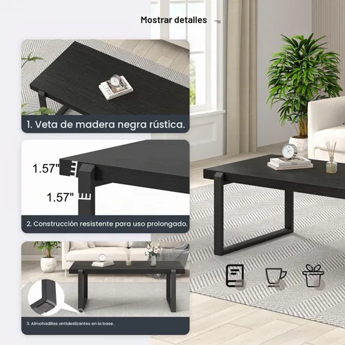 Vista 5 de EXCEFUR - Mesa de café moderna negra, mesa de centro industrial de madera y metal para sala de estar, mesa de té y cóctel rectangular, roble negro