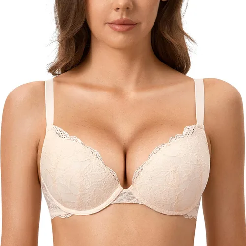 Vista 11 de DOBREVA - Brasier de encaje con efecto push up para mujer, con aros, con inmersión, cobertura completa, sexy, talla grande, con soporte Beige