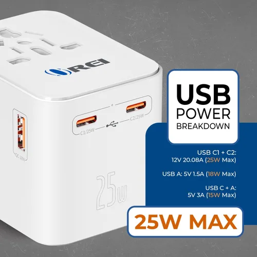 Vista 2 de OREI Adaptador de enchufe World Travel – 2 USB + 1 tomacorrientes universales – Ranuras para Europa, Asia, China, Japón, África – Perfecto