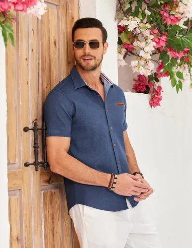 Vista 4 de COOFANDY Camisa de vestir casual de manga corta con botones para hombre