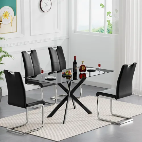 Vista 5 de Mesa de comedor de vidrio negro de 51.2 pulgadas para 4, mesa rectangular de comedor de cocina para 4, mesa rectangular de vidrio templado de 0.32