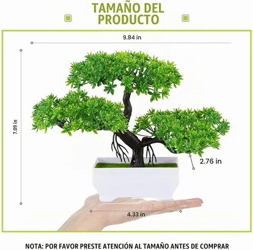 Vista 2 de Mini plantas de bonsái artificiales con macetas de cemento de plástico para la decoración del hogar y la oficina (verde)