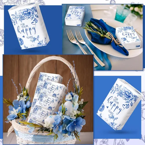 Vista 4 de Spiareal 50 pañuelos azules con diseño de lágrimas felices para boda, 3 capas para tus lágrimas felices, pañuelos de boda para invitados, papel