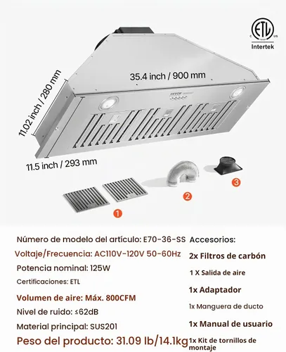 Vista 7 de VEVOR Campana de Ventilación Integrada, 800CFM 3-Velocidades, Campana de Cocina de Acero Inoxidable de 36 Pulgadas con Control de Botón de Impulso