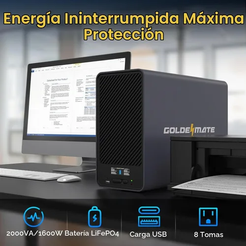 Vista 2 de GOLDENMATE 2000VA/1600W Litio UPS Respaldo de batería y protector contra Gris