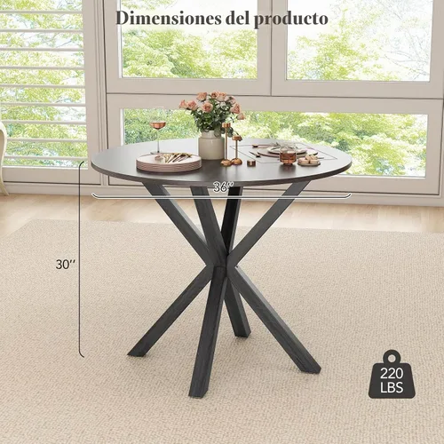 Vista 3 de Giantex Mesa de comedor redonda de 36" para 4, mesa de cocina estilo granja con patas de madera de goma, almohadillas ajustables para pies, mesas
