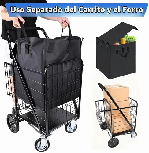 Vista 7 de Carrito de compras plegable con forro impermeable extraíble, carrito de comestibles de capacidad de 450 libras con cesta doble y ruedas giratorias