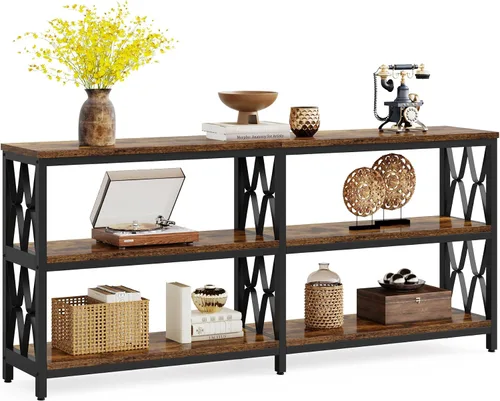 Vista 13 de LITTLE TREE Mesa consola con estantes de almacenamiento, mesa industrial de 3 niveles de 70.9 pulgadas para sala de estar, mesa larga de vestíbulo