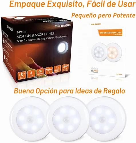 Vista 6 de STAR-SPANGLED Paquete de 3 luces con sensor de movimiento de 2.8 pulgadas para interiores, funciona con pilas AAA, luz LED para pegar en escaleras