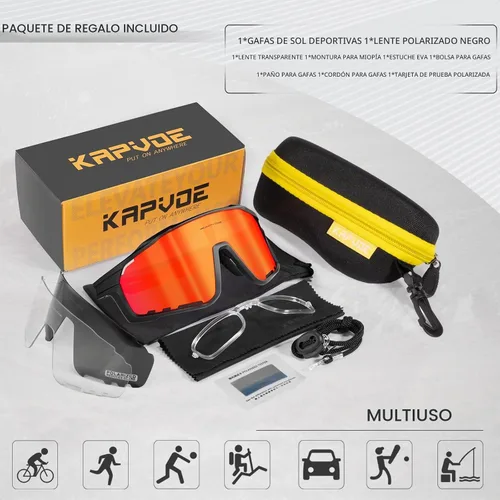Vista 6 de KAPVOE Cycling Sunglasses Men Women K76 3 Lenses: PC Day, Black Polarized, Clear Low Light; UV400, 3-Position Nose Pad