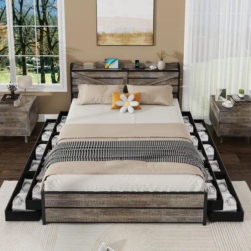 Vista 3 de Wood and Metal Bed Frame Queen Size, Platform Bed with 12 Storage Drawers Charging &Led Lights Headboard,Metal Slats,No Box Spring Needed,Noise-Free