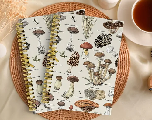 Vista 3 de Knibeo Cuaderno vintage de hongos, suministros escolares universitarios, cuaderno encuadernado en espiral de 5.5 x 8.3 con 164 páginas, cuadernos