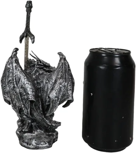 Vista 7 de Ebros Gift Dragón blindado de plata legendario sosteniendo orbe azul y espada draconiana abrecartas escultura escultura decorativa para el hogar