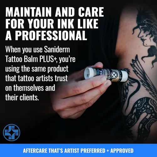 Vista 3 de Saniderm Tattoo Aftercare Balm PLUS+ – Pequeño (0.6 oz) – Sin petróleo, hidratante orgánico para tatuajes infundido con plata coloidal, aceite