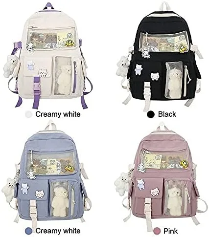 Vista 7 de Mochila kawaii con pin kawaii y accesorios, bonita mochila kawaii para mochila escolar, mochila kawaii para niña linda, Rosado, L, Suave