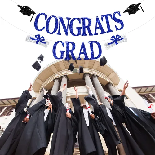 Vista 2 de Banner de felicitaciones graduadas, decoraciones de graduación de la clase de 2024, pancarta de felicitaciones graduadas, decoraciones azules