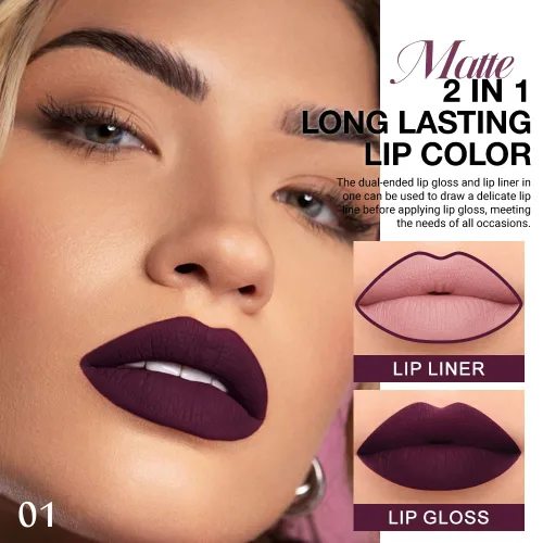 Vista 2 de evpct 1Pcs Lápiz de Labios Mate y Set de Lápiz de Labios Líquido para Mujeres, Lápiz de Labios Mate de Durazno Oscuro Púrpura, Resistente a Manchas