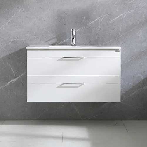 Vista 9 de wonline Juego de tocador de baño montado en la pared de 36 pulgadas, gabinete de almacenamiento con fregadero de cerámica combinado cromado grifo