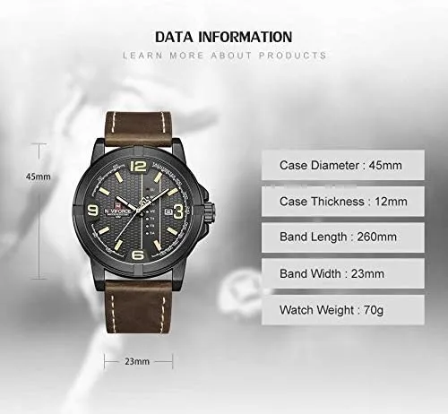 Vista 4 de NAVIFORCE Date Quartz Men Casual Militar Sports Japón Movimiento de cuarzo de cuero genuino Relojes de pulsera (amarillo)