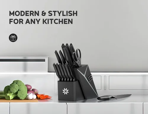 Vista 5 de Juego de cuchillos de cocina con bloque - Juego de 15 cuchillos con afilador incorporado, apto para lavavajillas, cuchillos de cocina de acero