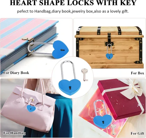 Vista 6 de 2 candados de corazón con candado de amor, corazón azul con llave para los amantes de la boda, día de San Valentín, aniversario, viajes (con llave)