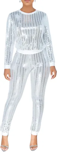 Vista 2 de Conjunto de 2 piezas de ropa de noche para mujer, camiseta de manga larga y pantalones metálicos brillantes con purpurina, Metálico