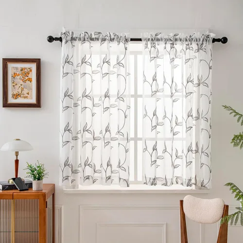 Vista 87 de VISIONTEX 2 paneles de cortinas traslúcidas de 63 in de largo, cortinas de gasa semitransparentes bordadas con hojas florales beige, bolsillo