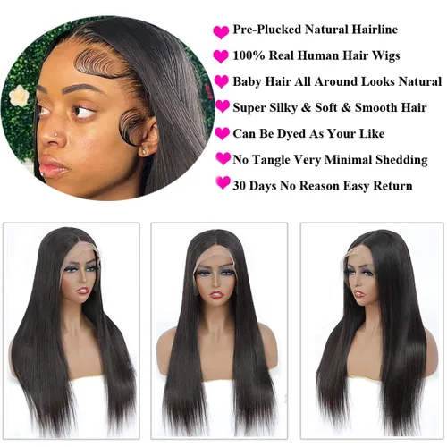 Vista 6 de Peluca de cabello humano brasileño lacio con encaje frontal de 13 x 4 pulgadas, transparente HD, prearrancada con abuelitos (26 pulgadas)