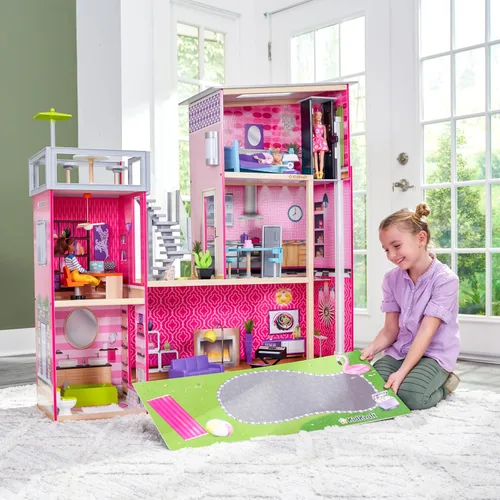 Vista 8 de KidKraft Casa de ciudad para muñecas con muebles para niñas Over 3 Feet Tall Pink Mansion Doll House, Working Elevator, Rooftop Patio, For Dolls